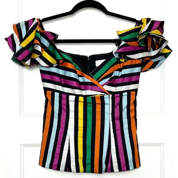 CAROLINE CONSTAS Rainbow Stripe Sweetheart Neck Ruffled Off Shoulder Top XS - Picture 3 of 11